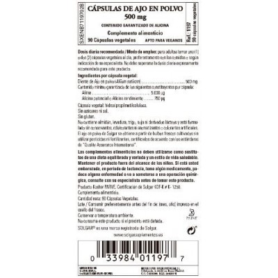 Comprar SOLGAR AJO EN POLVO 500MG 90 CAPSULAS VEGETALES al mejor precio en NuestraFarma, tu farmacia online