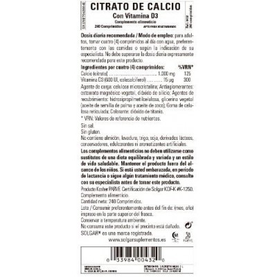 Comprar SOLGAR CALCIO CITRATO CON VITAMINA D3 240 COMPRIMIDOS al mejor precio en NuestraFarma, tu farmacia online