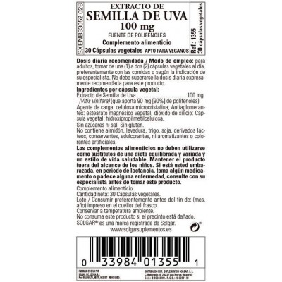 Comprar SOLGAR EXTRACTO DE SEMILLA DE UVA 100MG - 30 CAPSULAS VEGETALES al mejor precio en NuestraFarma, tu farmacia online