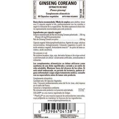 Comprar SOLGAR GINSENG COREANO 60 CAPSULAS VEGETALES al mejor precio en NuestraFarma, tu farmacia online