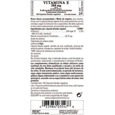 Comprar SOLGAR VITAMINA E 400UI (268MG) 100 CAPSULAS VEGETALES BLANDAS al mejor precio en NuestraFarma, tu farmacia online