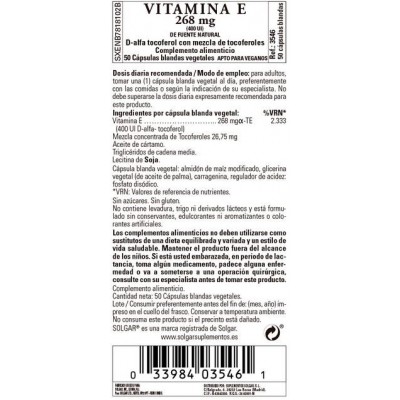 Comprar SOLGAR VITAMINA E 400UI (268MG) 50 CAPSULAS VEGETALES BLANDAS al mejor precio en NuestraFarma, tu farmacia online
