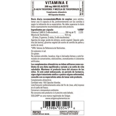 Comprar SOLGAR VITAMINA E 400 UI (268 MG) 100 CAPSULAS BLANDAS al mejor precio en NuestraFarma, tu farmacia online